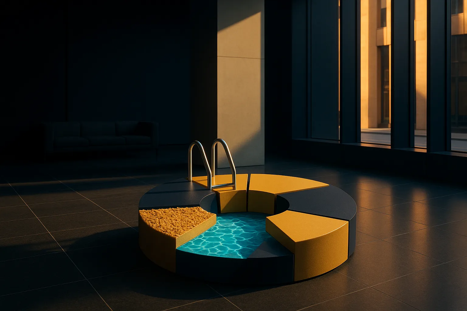 type:donut; description:Pool project cost breakdown showing excavation 20%, materials 35%, labor 25%, permits/design 10%, contingency 10%